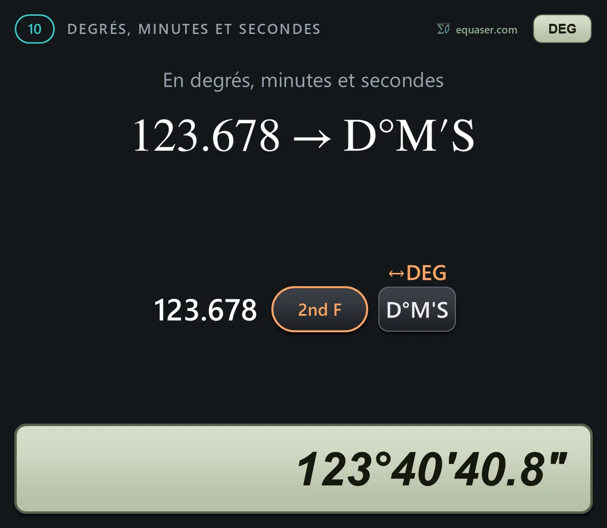 En degrés, minutes et secondes